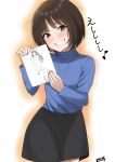  1girl :d amagami artist_name ayatsuji_tsukasa black_eyes black_skirt blue_shirt blue_sweater blunt_bangs blush bob_cut breasts brown_hood commentary cowboy_shot drawing gradient_background grin hair_strand head_tilt holding holding_drawing holding_paper long_sleeves messy_hair mori_heichi musical_note orange_background pajamas paper partially_colored pink_nails quarter_note shirt showing signature skirt small_breasts smile solo spoken_musical_note standing sweater tachibana_miya teeth translated turtleneck turtleneck_sweater two-tone_background white_background 