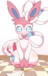  alacarte bell checkered_floor highres jingle_bell looking_at_viewer motion_blur no_humans pokemon pokemon_(creature) simple_background sitting solo sylveon tail tail_wagging white_background 