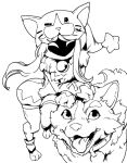  1girl animal animal_collar bell cats_vs_dogs_kindred collar cosplay dog fangs fur_collar furry furry_female greyscale hood hood_up kigurumi kindred_(league_of_legends) league_of_legends long_hair looking_at_viewer monochrome neck_bell phantom_ix_row sidelocks star_(symbol) teeth tongue tongue_out 