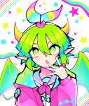  1girl :o artist_name ben-day_dots blue_bow blue_nails bow bow_hairband bright_pupils character_print cmyk draco_centauros dragon_horns dragon_wings drop_shadow english_commentary eveo eyes_visible_through_hair green_eyes green_hair hair_between_eyes hairband hand_on_own_face heart highres hood hood_down hoodie horns jewelry looking_up multicolored_bow multicolored_nails nail_polish neckerchief neon_palette official_alternate_costume pink_bow pink_hoodie pink_nails pink_neckerchief pointy_ears polka_dot polka_dot_hoodie purple_nails purple_sailor_collar puyo_(puyopuyo) puyopuyo puyopuyo_quest ring sailor_collar screentones short_hair simple_background solo star_(symbol) twitter_username white_background white_pupils wings yellow_bow yellow_nails 