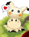  black_eyes blush_stickers commentary flying_sweatdrops grass heart highres looking_up mimikyu no_humans pokemon pokemon_(creature) rag solid_oval_eyes solo spoken_heart twinkly717 white_background 