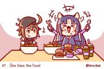  2girls animal_ears arknights bird_girl burger chibi cup dog_ears dog_girl drink eating english_text excited food hat multiple_girls plume plume_(arknights) saga_(arknights) salad twitter_username wittleredd 