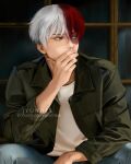  1boy aqua_eyes boku_no_hero_academia brown_eyes burn_scar heterochromia highres jyundee long_sleeves looking_to_the_side male_focus multicolored_hair realistic redhead scar scar_on_face short_hair sitting todoroki_shouto two-tone_hair white_hair 