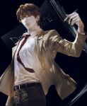  1boy belt black_background brown_eyes brown_hair cowboy_shot dark_background death_note death_note_(object) highres holding holding_pen male_focus necktie pants pen red_necktie serious shirt short_hair simple_background solo vlfdus_0 wing_collar yagami_light 