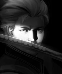  1boy commentary cowl dark dark_background devil_may_cry_(series) devil_may_cry_5 english_commentary expressionless greyscale male_focus monochrome pomki portrait solo sword vergil_(devil_may_cry) weapon yamato_(sword) 