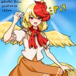  1girl :d animal_on_head bird bird_on_head blonde_hair blue_sky chick commentary dated highres holding holding_whistle ldschem16 looking_at_viewer multicolored_hair neckerchief niwatari_kutaka on_head open_mouth orange_skirt outdoors red_eyes red_neckerchief redhead short_hair short_sleeves skirt sky smile solo sun tail_feathers touhou touhou_gouyoku_ibun twitter_username two-tone_hair whistle yellow_wings 
