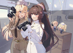  4girls alternate_costume binoculars black_necktie blonde_hair blue_eyes breast_pocket breasts brown_hair brown_jacket brown_pants cherry_blossoms commentary_request dixie_cup_hat epaulettes fairy_(kancolle) flower gloves hair_between_eyes hair_flower hair_intakes hair_ornament hat headgear headphones highres himeyamato holding holding_binoculars huge_breasts indoors iowa_(kancolle) jacket kantai_collection large_breasts long_hair long_sleeves military_hat military_uniform mini_person minigirl multiple_girls naval_dress_uniform naval_uniform necktie one_eye_closed pants pocket ponytail red_eyes sidelocks size_difference standing star-shaped_pupils star_(symbol) symbol-shaped_pupils twintails very_long_hair white_gloves white_jacket yamato_(kancolle) 