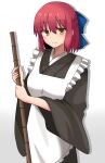  1girl absurdres apron blue_bow bow broom brown_eyes closed_mouth commentary gradient_background hair_bow highres holding holding_broom kohaku_(tsukihime) long_sleeves looking_at_viewer maid maz_515 pink_hair short_hair smile solo tsukihime white_apron white_background wide_sleeves 