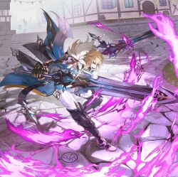  1boy aqua_coat armor barrel black_boots black_coat black_shirt blonde_hair blue_eyes boots building coat commentary_request day dual_wielding energy fire fold-over_boots fur-trimmed_coat fur_trim gauntlets genshin_impact glint grass greatsword hair_between_eyes holding holding_sword holding_weapon kamino_eru looking_at_viewer male_focus mondstadt_city open_clothes open_coat open_mouth outdoors outstretched_arm pants parted_bangs pauldrons purple_fire scar scar_on_cheek scar_on_face serious shadow shirt short_hair shoulder_armor single_gauntlet single_pauldron solo stairs stone_floor stone_stairs sword teeth thick_eyebrows thigh_boots thigh_strap v-shaped_eyebrows varka_(genshin_impact) watermark weapon white_pants 