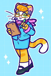 1girl :3 animal_ears black_shoes blue_background blue_jacket blue_skirt bright_pupils cat_ears cat_girl cat_tail clipboard commentary english_commentary fewer_digits floral_print full_body furry furry_female glasses green_eyes grid_background headset highres holding holding_clipboard holding_pen jacket long_sleeves looking_at_viewer office_lady open_mouth orange_fur orange_hair outline pankekie pen pencil_skirt scarf_choker shoes short_hair simple_background skirt socks sparkle standing striped_fur tabby_von_meow tail thick_lineart updo webkinz whiskers white_outline white_pupils white_socks 