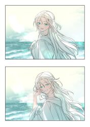  1girl blue_eyes border braid commentary_request dreaminglum final_fantasy final_fantasy_xiv half_up_braid highres horizon korean_commentary long_hair looking_at_viewer mask mask_around_neck ocean open_mouth sequential smile sophist's_robe_(ff14) unworn_mask upper_body venat_(ff14) water white_border white_hair 