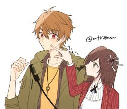  1boy 1girl bow brown_eyes brown_hair cheek_poking closed_mouth commentary_request green_eyes green_jacket hair_bow highres jacket jewelry key luke_pearce_(tears_of_themis) mtkignsn necklace poking red_jacket rosa_(tears_of_themis) shirt short_hair simple_background tears_of_themis upper_body white_background white_bow white_shirt yellow_shirt 