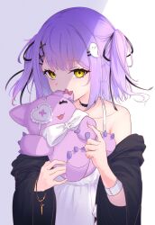  1girl absurdres armpit_crease bare_shoulders biting black_choker black_jacket black_ribbon blush bow bracelet choker collarbone cross dress enderslimek eyepatch frilled_eyepatch ghost_hair_ornament hair_ornament hair_ribbon hairpin heart heart_eyepatch highres holding jacket jewelry looking_at_viewer multiple_hairpins off-shoulder_dress off_shoulder open_clothes open_jacket purple_hair red_bow ribbon shinomiya_runa shinomiya_runa_(1st_costume) short_hair sidelocks simple_background single_bare_shoulder smile solo stuffed_toy too_many_hair_ornaments turning_head upper_body virtual_youtuber vspo! white_background white_bow white_dress x_hair_ornament yellow_eyes 