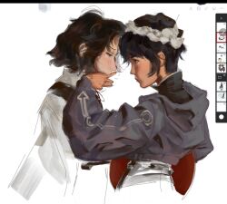  2others androgynous arrow_print art_program_in_frame asian black_eyes black_hair black_hat black_shirt black_vest collared_shirt covering_another's_mouth cropped_torso enraku_tsubakura eye_contact face-to-face frilled_headwear from_side hat hatsburg heads_together high_collar highres holding holding_unworn_clothes holding_unworn_hat hood hood_down hooded_jacket jacket len'en light_blush long_sleeves looking_at_another mob_cap multiple_others nostrils other_focus other_with_other pale_skin pointy_nose print_sleeves procreate_(medium) procreate_(software) puffy_long_sleeves puffy_sleeves purple_jacket realistic red_hat shirt shitodo_kuroji short_hair simple_background triangular_headpiece turtleneck turtleneck_shirt unworn_hat unworn_headwear vest white_background white_shirt zipper 