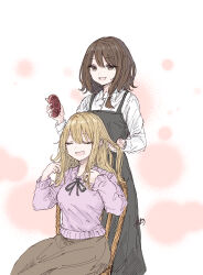  2girls absurdres alternate_costume black_dress blonde_hair bow brown_eyes brown_skirt buttons chair closed_eyes collared_shirt commentary_request cowboy_shot dress hair_bow hair_brush hands_in_another's_hair highres holding holding_hair_brush kashiwada_kiiho long_hair long_sleeves maribel_hearn medium_hair missing_headwear multiple_girls neck_ribbon open_mouth partial_commentary purple_shirt red_ribbon ribbon shirt signature sitting skirt standing touhou usami_renko white_bow white_shirt 