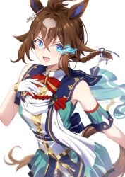  1girl animal_ears aqua_skirt bare_shoulders blue_eyes blush bow bowtie braid brown_hair brown_tail commentary_request detached_sleeves epiphaneia_(umamusume) eye_trail gloves hair_between_eyes highres horse_ears horse_girl horse_tail kagari_liroi light_trail looking_at_viewer multicolored_hair open_mouth red_bow red_bowtie shirt simple_background single_braid skirt sleeveless sleeveless_shirt smile solo streaked_hair tail umamusume white_background white_gloves white_hair white_streaks 
