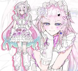  1girl alternate_costume arm_warmers carrot_011 commentary_request cyrene_(demiurge)_(honkai:_star_rail) cyrene_(honkai:_star_rail) diamond-shaped_pupils diamond_(shape) dress facial_mark heart heart_facial_mark highres honkai:_star_rail honkai_(series) leg_warmers long_hair looking_at_viewer multiple_views pink_dress pink_hair pointy_ears smile symbol-shaped_pupils very_long_hair violet_eyes white_arm_warmers white_dress white_headdress white_leg_warmers 