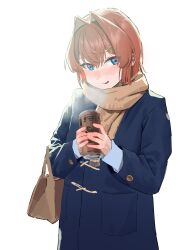  1girl absurdres alternate_costume ange_katrina blue_coat blue_eyes blush breath brown_bag brown_scarf can chinese_commentary coat commentary drink_can hair_between_eyes hair_intakes hair_ornament highres holding holding_can leo_liao323 long_sleeves looking_at_viewer multicolored_eyes nijisanji nose_blush open_mouth red_hair scarf simple_background smile solo triangle_hair_ornament two-tone_eyes upper_body violet_eyes virtual_youtuber white_background winter_clothes winter_coat 