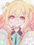  1girl blonde_hair blue_bow blue_bowtie bow bowtie furueru glasses gradient_hair hair_ornament hairclip highres long_hair long_sleeves multicolored_hair pink_eyes pink_hair project_sekai round_eyewear smile solo swept_bangs tenma_saki twintails 