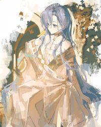  1girl 37_(reverse:1999) ancient_greek_clothes arch armlet bare_shoulders bird bird_on_hand blue_eyes blue_hair feet_out_of_frame gold_choker greco-roman_clothes hand_up highres jewelry long_hair looking_at_animal pehnut_. reverse:1999 sitting solo toga very_long_hair 