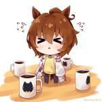  &gt;_&lt; 1girl agnes_tachyon_(umamusume) ahoge animal_ears black_necktie blush brown_hair chibi coffee_cup cup disposable_cup flying_sweatdrops goom_(goomyparty) highres horse_ears horse_girl horse_tail lab_coat necktie short_necktie sleeves_past_fingers sleeves_past_wrists solo standing steam sweater tail triangle_mouth twitter_username umamusume yellow_sweater 