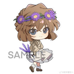  1girl bisho_imobing_hito blue_eyes brown_hair brown_shoes closed_mouth commentary_request flower full_body haibara_ai highres holding holding_behind_back lavender_(flower) looking_at_viewer looking_back meitantei_conan purple_flower sample_watermark shoes short_hair simple_background skirt smile socks solo watermark white_background white_skirt white_socks 