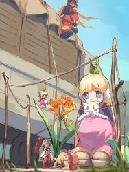  absurdres blonde_hair blue_eyes commentary_request cyber_elf_(mega_man) dress enna_alouette flower highres long_hair mega_man_(series) mega_man_zero_(series) mega_man_zero_4 multiple_boys multiple_girls omochi_(mochi_skymega) outdoors pink_dress robot_ears solo_focus zero(z)_(mega_man) zero_(mega_man) 