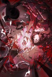  2girls absurdres ascot bare_shoulders bdsm bell black_choker black_gloves black_hair black_hat black_sash blonde_hair bondage bound bow braid breasts brown_hair butterfly-shaped_pupils chinese_commentary choker circle_facial_mark closed_eyes clothing_cutout commentary_request criss-cross_halter detached_sleeves diamond_(shape) diamond_facial_mark diamond_on_cheek dress facial_mark fish floating_hair floating_ribbon flower flower_tattoo fox_mask frilled_shirt frilled_skirt frilled_sleeves frills gloves goldfish grey_hair gun hair_bow hair_ribbon halterneck hat hat_ornament hat_ribbon heart heart_facial_mark heart_on_cheek highres holding_hands honkai:_star_rail honkai_(series) japanese_clothes long_hair looking_at_viewer lying mark_under_both_eyes mask mask_on_head medium_breasts mini_hat mini_top_hat mob_cap multicolored_hair multiple_girls neck_bell on_back open_mouth pink_eyes pink_theme poker puffy_short_sleeves puffy_sleeves puppet puppet_strings rabbit_ear_headwear rabbit_hat_ornament red_bow red_dress red_eyes red_ribbon red_rope red_sleeves red_theme revolver ribbon rope sash shirt short_hair short_sleeves shoulder_cutout side_ponytail single_glove skirt smile snubnosed_revolver sparkle_(honkai:_star_rail) sparxie_(honkai:_star_rail) supplicant_mask symbol-shaped_pupils tattoo thigh_strap thumbs_up_emoji top_hat twintails upside-down very_long_hair water_balloon water_yoyo weapon white_hair zzzzzm_jiangzhouzi 