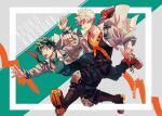  2boys adam&#039;s_apple ankle_boots arm_up baggy_pants bakugou_katsuki belt black_footwear black_pants black_tank_top blazer blonde_hair blue_pants bodysuit boku_no_hero_academia boots bright_pupils brown_belt buttons cai_(caiirocai) character_name chinese_commentary clenched_hand clenched_teeth collarbone collared_shirt colored_shoe_soles combat_boots cover cover_image cover_page cross-laced_footwear double_horizontal_stripe doujin_cover dress_shirt english_commentary falling floating_clothes floating_necktie framed freckles french_commentary from_side full_body german_commentary green_background green_bodysuit green_eyes green_hair green_pupils grey_background grey_jacket hand_up hands_up jacket knee_pads knee_up korean_commentary lapels layered_clothes leg_up legs_up lightning_bolt_symbol locked_arms long_sleeves looking_at_another male_focus midoriya_izuku mixed-language_commentary multiple_boys necktie notched_lapels open_clothes open_hand open_hands open_jacket open_mouth open_shirt outside_border outstretched_arms pants popped_collar profile red_eyes red_footwear red_necktie running russian_commentary sanpaku school_uniform shirt shoe_soles shoes short_hair side-by-side sideways_glance sleeveless sneakers spanish_commentary spiky_hair tank_top teeth thai_commentary u.a._school_uniform unbuttoned undone_necktie v-neck white_shirt x 