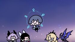  ._. 2boys 2girls :c aracanthus38633 arms_at_sides bird black_hair black_horns black_shorts black_tiara blonde_hair blue_cape blue_halo blunt_bangs blunt_ends cape chibi choppy_bangs closed_eyes closed_mouth columbina_(genshin_impact) commentary crow dragon_horns durin_(genshin_impact) english_commentary eyepatch fischl_(ein_immernachtstraum)_(genshin_impact) fischl_(genshin_impact) floating genshin_impact grey_hair hair_ribbon halo halo_behind_head head_wings horns japanese_clothes kimono levitation long_hair multiple_boys multiple_girls open_mouth outstretched_arms oz_(genshin_impact) purple_hair purple_sash purple_sky ribbon sash scaramouche_(genshin_impact) shorts side_cape sky spread_arms star_(sky) starry_sky swept_bangs tiara tress_ribbon v-shaped_eyebrows wanderer_(genshin_impact) white_kimono white_mouth white_ribbon white_sleeves white_wings wings 