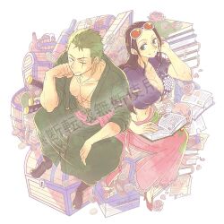  1boy 1girl blue_jacket book boots coin commentary_request cropped_jacket earrings eyewear_on_head flower green_hair green_kimono high_heels holding holding_book jacket japanese_clothes jewelry kimono nico_robin one_piece orange-tinted_eyewear pink_sarong roronoa_zoro sarong sash scar scar_across_eye scar_on_face shirokuma_no_g short_hair sidelocks sitting smile tinted_eyewear treasure_chest 