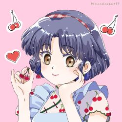  1girl apron blue_apron blue_hair brown_eyes cherry_earrings cherry_print earrings food food-themed_earrings food_print fruit fruit_print hairband highres holding holding_food holding_fruit jewelry looking_at_viewer pale_skin pink_background pink_hairband ranma_1/2 red_hairband short_hair smile solo striped_clothes striped_hairband takotakoagare85 tendou_akane twitter_username upper_body 