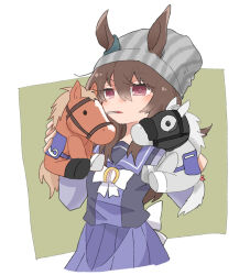  1girl animal_ears beanie beer_hsk bow brown_background brown_hair character_request ears_through_headwear grey_hat hair_between_eyes hat horse_ears long_hair long_sleeves nakayama_festa_(umamusume) parted_lips pleated_skirt puffy_long_sleeves puffy_sleeves purple_shirt purple_skirt school_uniform shirt skirt solo striped_clothes striped_headwear stuffed_animal stuffed_horse stuffed_toy tracen_school_uniform two-tone_background umamusume vertical-striped_clothes vertical-striped_headwear violet_eyes white_background white_bow 