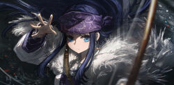  1girl absurdres ainu artist_name asirpa bandana blue_eyes blue_hair bow_(weapon) cloak closed_mouth commentary earrings english_commentary floating_hair franlol fur_cloak golden_kamuy highres hoop_earrings jewelry long_hair long_sleeves looking_at_viewer open_hand portrait purple_bandana solo very_long_hair weapon 