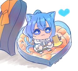  1girl :3 animal_ears axe blue_eyes blush box box_of_chocolates cat_ears cat_girl cat_tail chibi chibi_only commentary from_above happy_valentine heart highres holding holding_axe hololive hood hoodie hoshimachi_suisei kemonomimi_mode long_single_sidelock looking_at_viewer mixed-language_commentary motion_lines open_box ponytail sakuyat_illust single_sidelock sitting solo star_(symbol) star_in_eye symbol_in_eye tail tail_wagging twitter_username valentine very_big_eyes white_background 