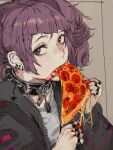  1girl black_collar black_jacket cheese_trail collar earrings eating food grey_background hands_up hiranko holding holding_food holding_pizza idolmaster idolmaster_shiny_colors jacket jewelry looking_at_viewer pepperoni pizza pizza_slice portrait purple_hair ring solo tanaka_mamimi violet_eyes 