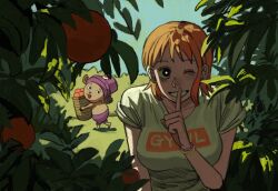  1boy 1girl animal_ears antlers bangle basket blue_sky bracelet breasts brown_eyes commentary_request dappled_sunlight day deer_ears food fruit grass hat holding holding_basket horns index_finger_raised jewelry korean_commentary large_breasts looking_at_viewer mandarin_orange mint_ack nami_(one_piece) one_eye_closed one_piece orange_hair orange_tree outdoors parted_lips pink_hat reindeer_antlers reindeer_boy shirt short_hair short_sleeves single_sidelock sky straight-on summer sunlight tony_tony_chopper upper_body walking white_shirt 