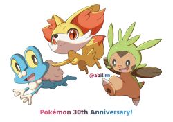  anniversary chespin closed_mouth colored_sclera commentary_request fennekin fox froakie frog highres no_humans open_mouth pokemer pokemon pokemon_(creature) pokemon_focus red_eyes smile starter_pokemon_trio yellow_fur yellow_sclera 