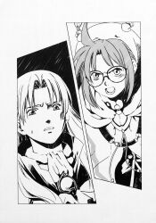  .hack// .hack//zero 2girls ahoge alph_(.hack//) angry curl_(.hack//) curtained_hair glasses greyscale hat highres kawashima_ryojun long_hair looking_at_another monochrome multiple_girls novel_illustration official_art open_mouth round_eyewear scan shouting sidelocks sweatdrop third-party_source 