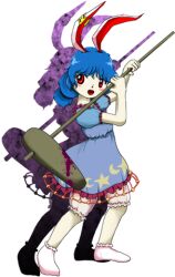  1girl animal_ears blue_hair blush_stickers dress earclip full_body game_cg holding holding_mallet kine legacy_of_lunatic_kingdom lowres mallet official_art open_mouth rabbit_ears rabbit_girl red_eyes seiran_(touhou) socks solo touhou transparent_background zun_(artist) 