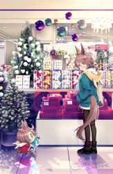  0_0 2girls animal_ears black_pantyhose black_shoes blue_eyes blue_jacket blush brown_hair character_doll christmas christmas_ornaments christmas_tree commentary_request doll eye_contact eyes_visible_through_hair fake_animal_ears fringe_trim hair_between_eyes hat highres hood hood_down hoodie horse_ears horse_girl horse_tail if_they_mated indoors jacket looking_at_another mecha_umamusume_st-2_(umamusume) mother_and_daughter multiple_girls narita_taishin_(umamusume) odawara_hakone open_clothes open_jacket pantyhose parted_bangs parted_lips profile red_jacket reflection running santa_hat scarf shoes standing tail twitter_username umamusume white_hoodie white_scarf 