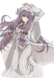  1girl bow commentary_request crescent crescent_hat_ornament dress ebuna hair_bow hat hat_ornament highres long_hair long_sleeves looking_at_viewer mob_cap multiple_hair_bows neck_ribbon patchouli_knowledge purple_hair red_ribbon ribbon simple_background solo striped_clothes striped_dress touhou vertical-striped_clothes vertical-striped_dress very_long_hair violet_eyes white_background white_dress white_hat 