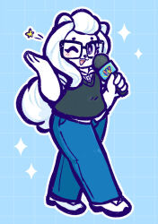 1girl :3 :d animal_ears black_sweater_vest blue_background blue_pants blush bright_pupils commentary dog_ears dog_girl dog_tail ella_mcwoof english_commentary fang fewer_digits full_body furry furry_female glasses grid_background hairstyle_request holding holding_microphone logo long_hair microphone one_eye_closed outline pankekie pants pomeranian_(dog) reporter shirt shoes short_sleeves smile solo sparkle standing sweater_vest tail violet_eyes walking webkinz white_fur white_hair white_outline white_pupils white_shirt white_shoes 