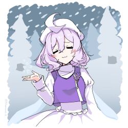  1girl :3 =_= aomurasaki_r blush closed_eyes commentary hand_up highres lapel_pin letty_whiterock long_sleeves medium_hair outdoors purple_hair purple_vest shirt shrugging skirt snow solo touhou tree untranslatable_commentary vest white_shirt white_skirt winter 
