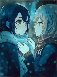  2girls adachi_sakura adachi_to_shimamura black_jacket blazer blonde_hair blue_eyes blue_hair blue_scarf blush brown_scarf chiaki_(abc126497434674) closed_mouth commentary_request eye_contact jacket long_hair looking_at_another multiple_girls scarf school_uniform shimamura_hougetsu short_hair smile snowing yuri 