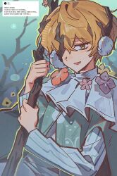  1boy aqua_background capelet e.g.o_(project_moon) earmuffs flower green_shirt hair_branch hair_over_one_eye highres holding holding_staff korean_text lantern_(e.g.o) limbus_company long_sleeves looking_at_viewer male_focus orange_flower pink_flower project_moon purple_flower request_inset rightcockroach shirt sinclair_(project_moon) solo staff striped_sleeves translation_request tsurime upper_body white_capelet white_sleeves yellow_eyes yellow_flower 