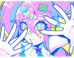  1girl armpit_peek bandaid bandaid_on_finger bandaid_on_hand border close-up computer_chip decora eerieelixir english_commentary hair_ornament hairclip highres jacket long_hair looking_at_viewer multiple_hair_clips necktie open_mouth pastel_colors pink_eyes ponytail star_(symbol) star_hair_ornament synthesizer_v too_many_hair_ornaments uni_(synthesizer_v) uni_(vocaloid) white_border 