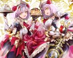  2girls absurdres chain cowboy_shot cup flower genshin_impact highres looking_at_viewer medium_hair moffumoto multiple_girls noelle_(genshin_impact) open_mouth purple_hair red_flower red_rose rose sword teapot tray upper_body weapon yellow_eyes 