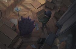  1boy backpack bag baseball_cap box cardboard_box cleaning_rag commentary_request duster feather_duster from_above gengar green_jacket hat highres holding holding_box holding_duster indoors jacket pants partial_commentary pokemon pokemon_(creature) slice_of_life standing tensen_(dotted_line) unworn_backpack unworn_bag window_shadow wooden_floor 