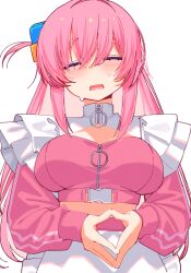  1girl amagamihau apron bocchi_the_rock! closed_eyes commentary cube_hair_ornament facing_viewer frilled_apron frills gotoh_hitori hair_ornament jacket large_variant_set long_hair one_side_up open_mouth own_hands_together pdf_available pink_hair pink_jacket simple_background solo sweat track_jacket upper_body variant_set white_apron white_background zipper 